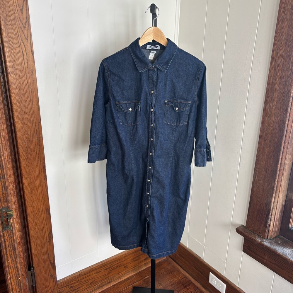 Vintage 2001 Old Navy Denim Dress Women’s 16 Pearl Snap Front Short Sleeve Boho